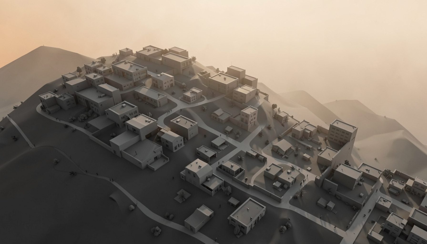 Isometric 3D render of a hillside cityscape with low-rise buildings and winding roads under a soft morning haze, monochrome grayscale with deep shadows