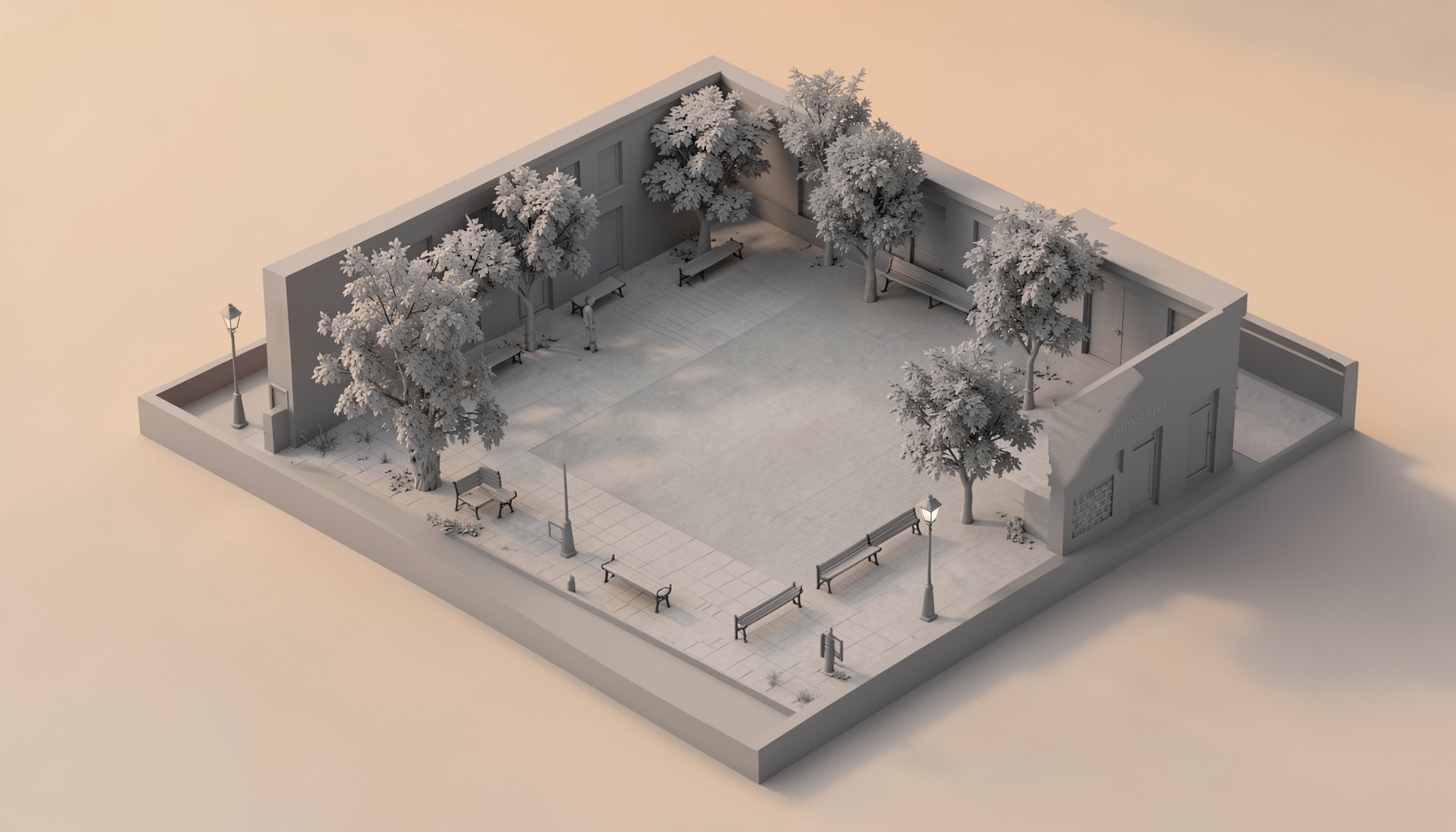 Isometric 3D render of a town plaza with trees and benches in soft morning light, monochrome grayscale with gentle contrast
